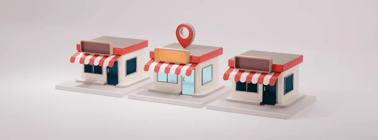 3D illustration of three stylized physical stores with red and white striped awnings. The center store is highlighted, with an orange location pin above it, representing local presence and geolocation.