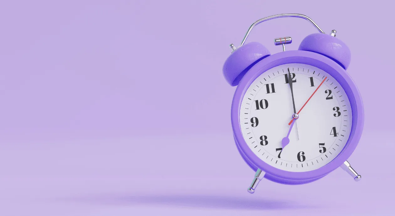 Purple alarm clock floating on a lilac background, representing updating business hours on Google.