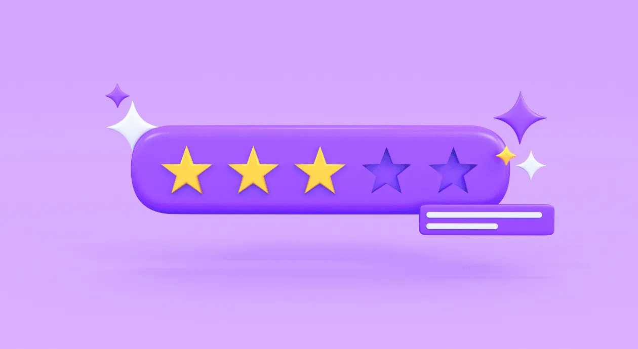3D illustration of a purple bar with three yellow stars and two empty purple stars, representing a 3-out-of-5-star Google review, with a speech bubble on the right.